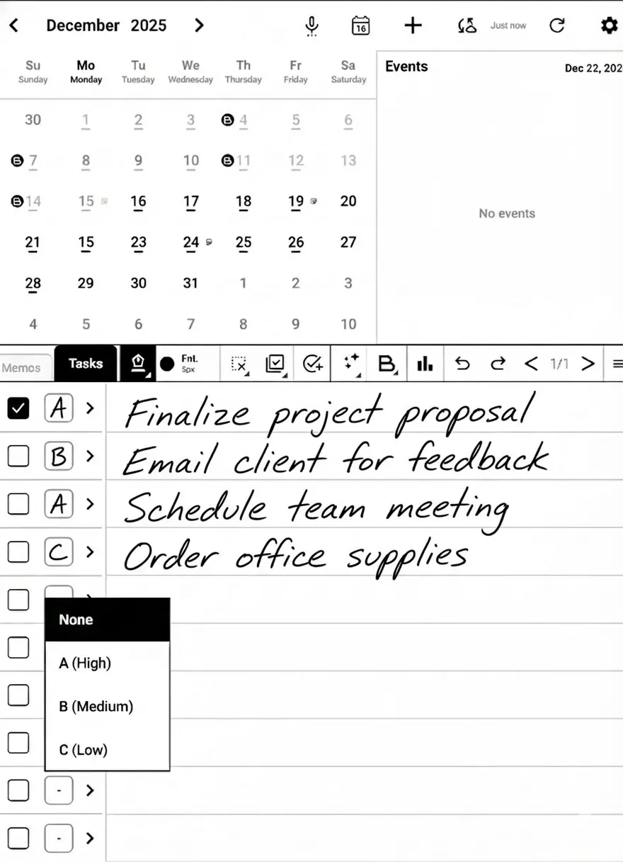BooxDay Tasks with handwritten to-dos and priority levels